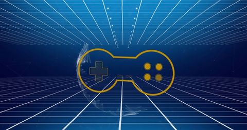 Gold Game Controller Symbol on Neon Digital Grid Background - Download Free Stock Images Pikwizard.com