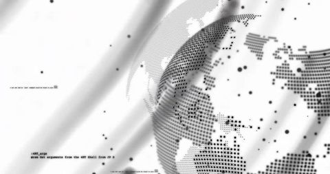 Abstract halftone globe rotating with digital data points and code overlay