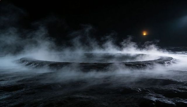 Nighttime geothermal crater emitting steam ring over wet basalt with distant orange glow