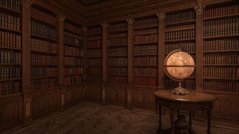 Antique british empire globe in heritage library with wood bookcases