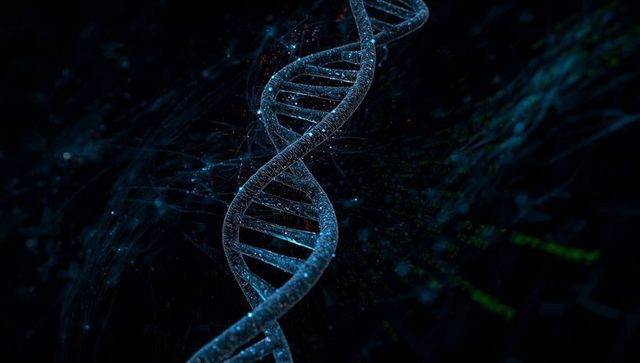 Futuristic Twisting DNA Helix with Glowing Nodes in Dark Simulation