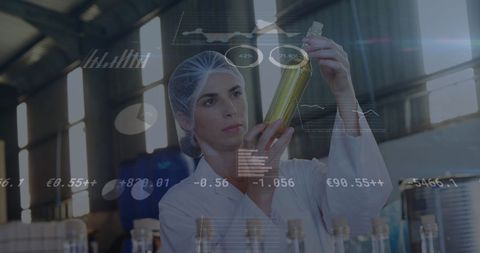 Female Scientist Analyzing Oil in Industrial Lab with Digital Overlay