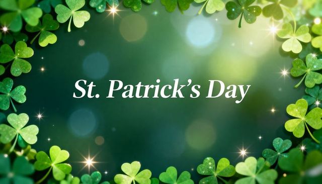 St. Patrick's day greeting card with sparkling shamrocks, green bokeh and festive glow