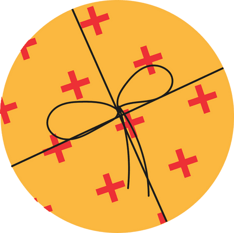 Transparent geometric ornament with red plus signs and black ribbon