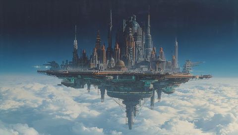 Floating futuristic megacity platform with central spire and docking bays above clouds