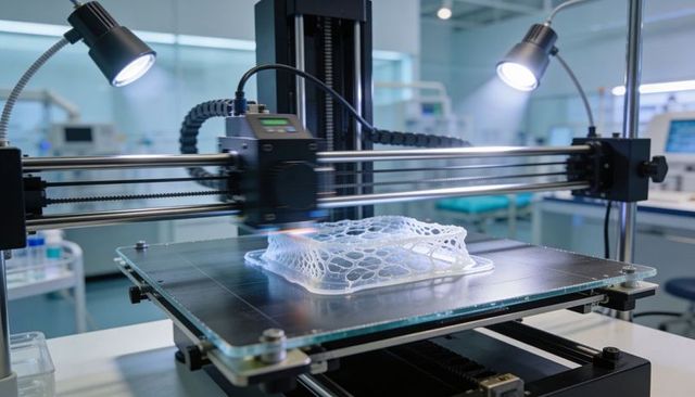 Desktop 3D printer printing translucent lattice scaffold on heated glass bed in laboratory