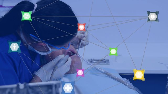 This video portrays a female dentist treating a male patient, with animated network connections and healthcare icons overlaying the scene. Ideal for usage in topics related to modern dental practices, digital transformations in healthcare, and technological advancements in dentistry. It suggests a focus on innovation, connectivity, and smart healthcare solutions which can be used in presentations, educational materials, and dental clinic promotions.