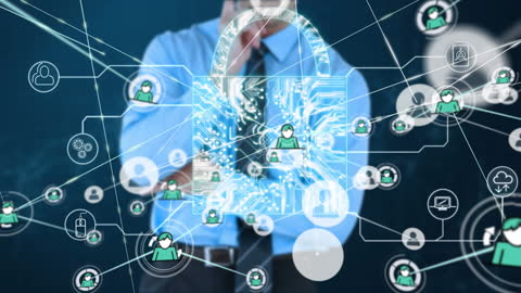 Cybersecurity Focused Businessman with Digital Network Overlay