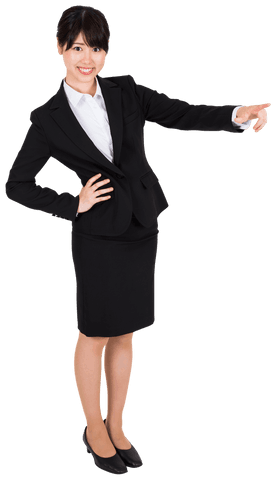 Smiling Asian Businesswoman Pointing Witnesses Success