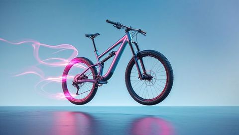 Futuristic mountain bike hovering with neon light trails