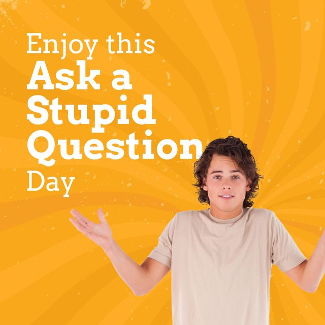 Portrait of caucasian young man shrugging shoulders and enjoy this ask a stupid question day text. Yellow, composite, confusion, copy space, education, knowledge, problem, holiday and celebration.