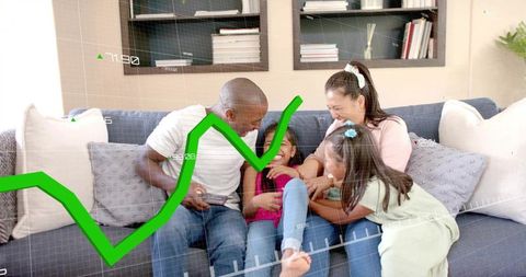 Family laughing and playing on couch with green growth graph overlay for home finance idea