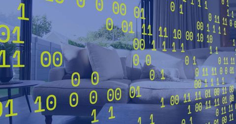 Modern living room showing digital binary overlay representing smart home connectivity