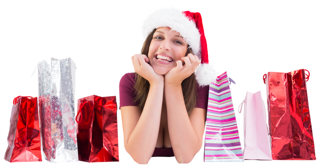 Festive Brunette Celebrating with Gift Bags on White Background - Download Free Stock Videos Pikwizard.com