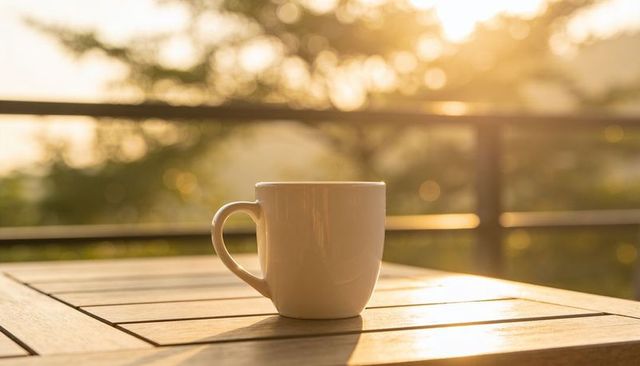 White mug reflecting golden sunrise light on wooden balcony table with soft bokeh