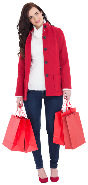 Smiling Woman in Winter Coat Holding Red Shopping Bags Transparent - Download Free Stock Videos Pikwizard.com