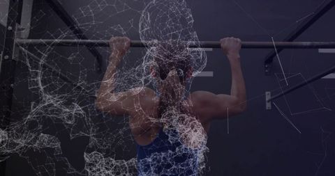Female athlete performing pull-up with wireframe mesh overlay for fitness tech concept