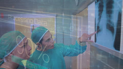 Surgeons Analyzing X-Ray with Digital Tech Overlay