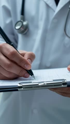 Doctor writing patient chart on clipboard with stethoscope close-up vertical clinic video
