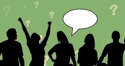 Silhouetted Group with Speech Bubbles and Question Marks