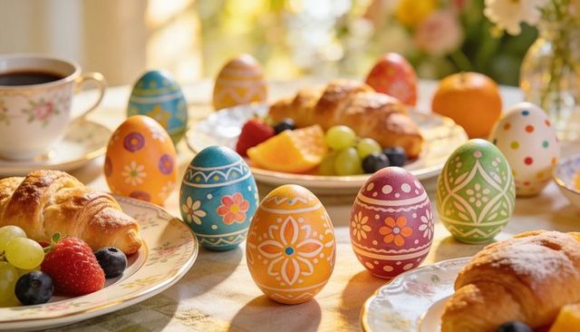 Sunlit painted easter eggs on brunch table with croissants, fruit, floral china