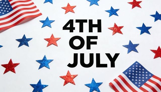 Bold 4th of july typography with red and blue glitter stars and american flags flatlay