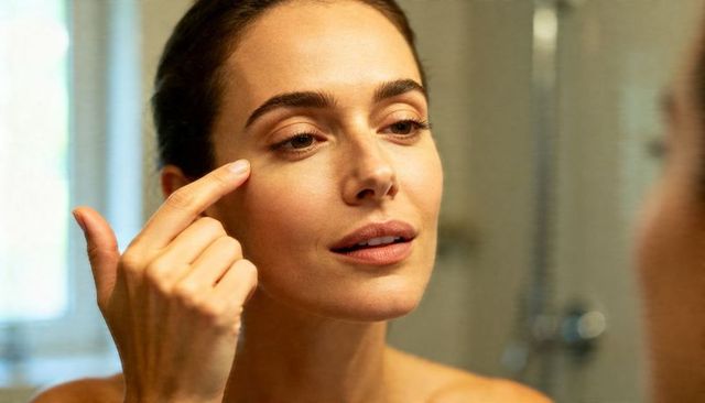 Applying skincare routine while examining under-eye area woman touching face in mirror