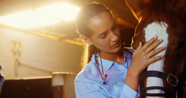 Female Veterinarian Examining Horse in Stable with Sunlight - Download Free Stock Images Pikwizard.com