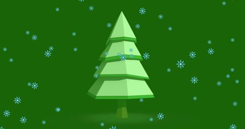 Snowflakes Falling Over Minimalist Christmas Tree on Green Background