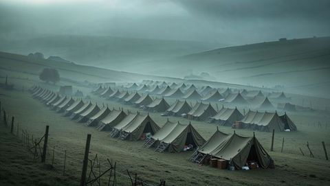 Peaceful camping row in misty first world war pastoral setting