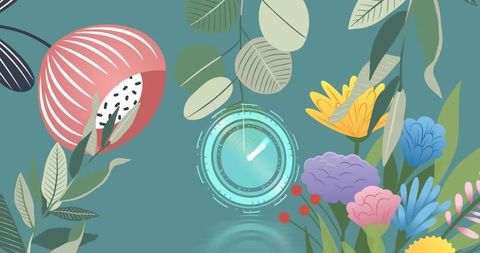 Digital Neon Clock on Floral Blooms and Foliage Illustration