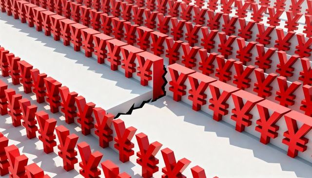 Red 3d yen symbols cracking along jagged fissure in repeating grid signaling economic risk