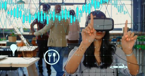 Businesswoman with VR Headset Analyzing Financial Graphs