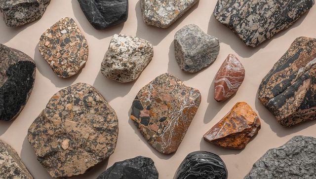Arranging brecciated tan stone among assorted marble slabs and textured rocks