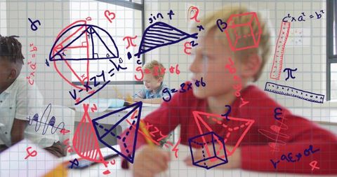 Boy Leaning Forward in Classroom with Hand-drawn Geometry and Algebra Grid Overlay
