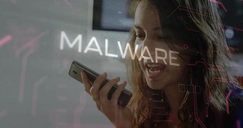 Young woman speaking into smartphone while malware warning overlay signals cyber threat