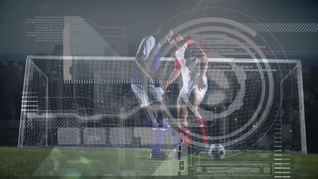 This video shows multiple soccer players in motion during a game at night with a digital data processing overlay. The technology concept illustrates sports analysis, player performance tracking, and advanced tech integration in sports. Ideal for use in articles, blogs, and presentations related to sports technology, data analytics, modern athletic training, and sports innovation.