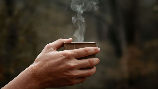 Closeup Cradling Hands Holding Steaming Ceramic Cup in Moody Woodlands Morning Light