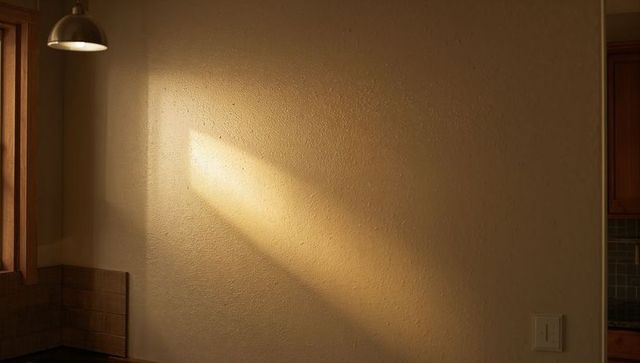 Golden sunbeam casting triangular light on textured beige kitchen wall