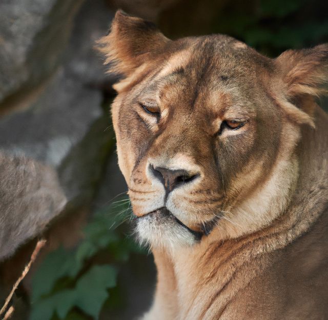 This close-up portrays a lioness resting in her natural habitat, showcasing her calm demeanor and majestic presence. Ideal for use in wildlife documentaries, educational materials, and conservation campaigns to raise awareness about wildlife preservation and the beauty of African landscapes.