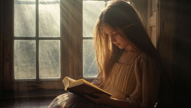 Preteen girl reading on window seat in golden sunbeams, dust motes, cozy interior