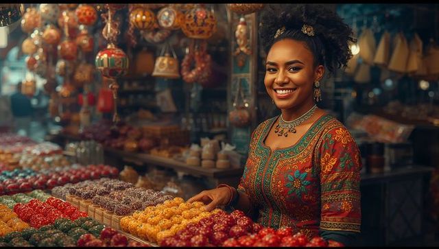 Artisan Stall Displaying Festive Decor and Sweet Confections