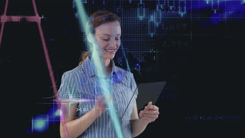 Woman Interacting with Digital Data Interface Display