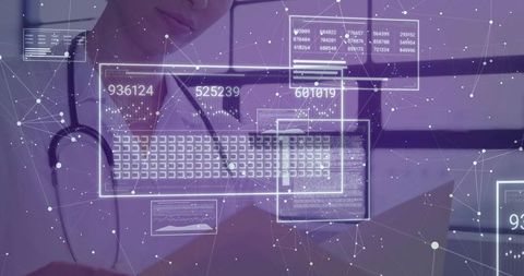 Female doctor reviewing tablet with holographic medical data and telemedicine interface