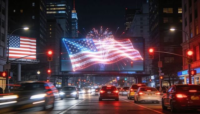 American flag billboard displaying fireworks over busy downtown avenue at night with traffic