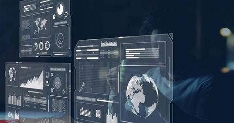Data Analyst Manipulating Futuristic Holographic Dashboards with 3D Globe and Charts