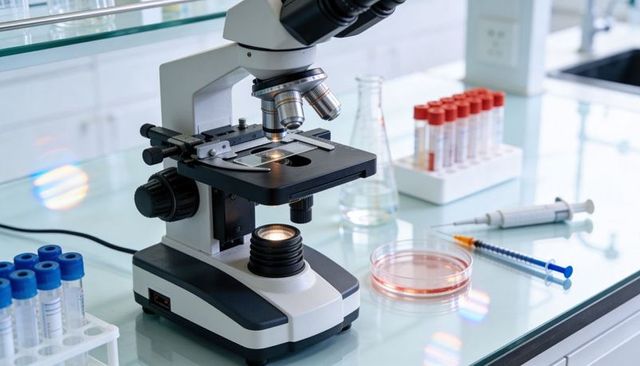 Compound microscope examining slide with petri dish, test tube racks and syringes on bench