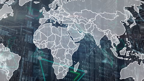 World Map with Digital Network Overlay and Data Visualizations