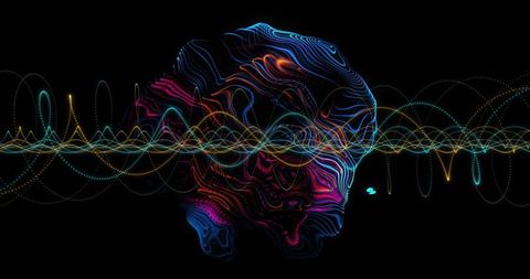 Floating Neon Contour Head Crossing Vibrant Waveform for Futuristic AI Data Visuals