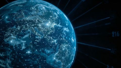 Futuristic Digital Globe with Glowing Data and City Lights in Space